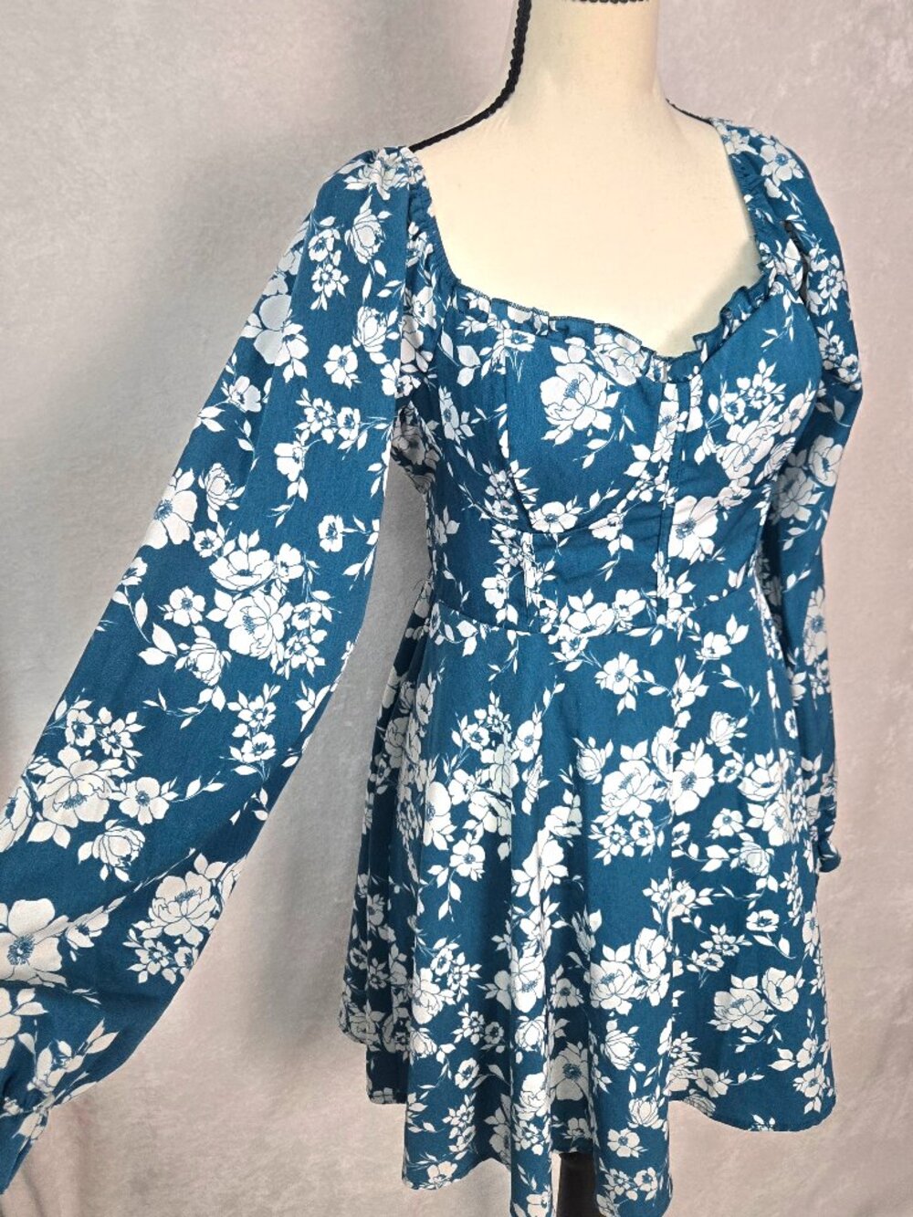 Inspired Hearts Mini Dress Long Sleeve Blue LargeCottagecore Floral Milkmaid